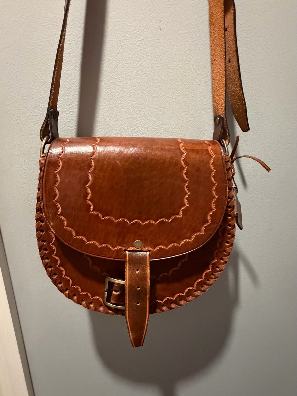 Handwoven Brown Leather Scalloped Crossbody Bag